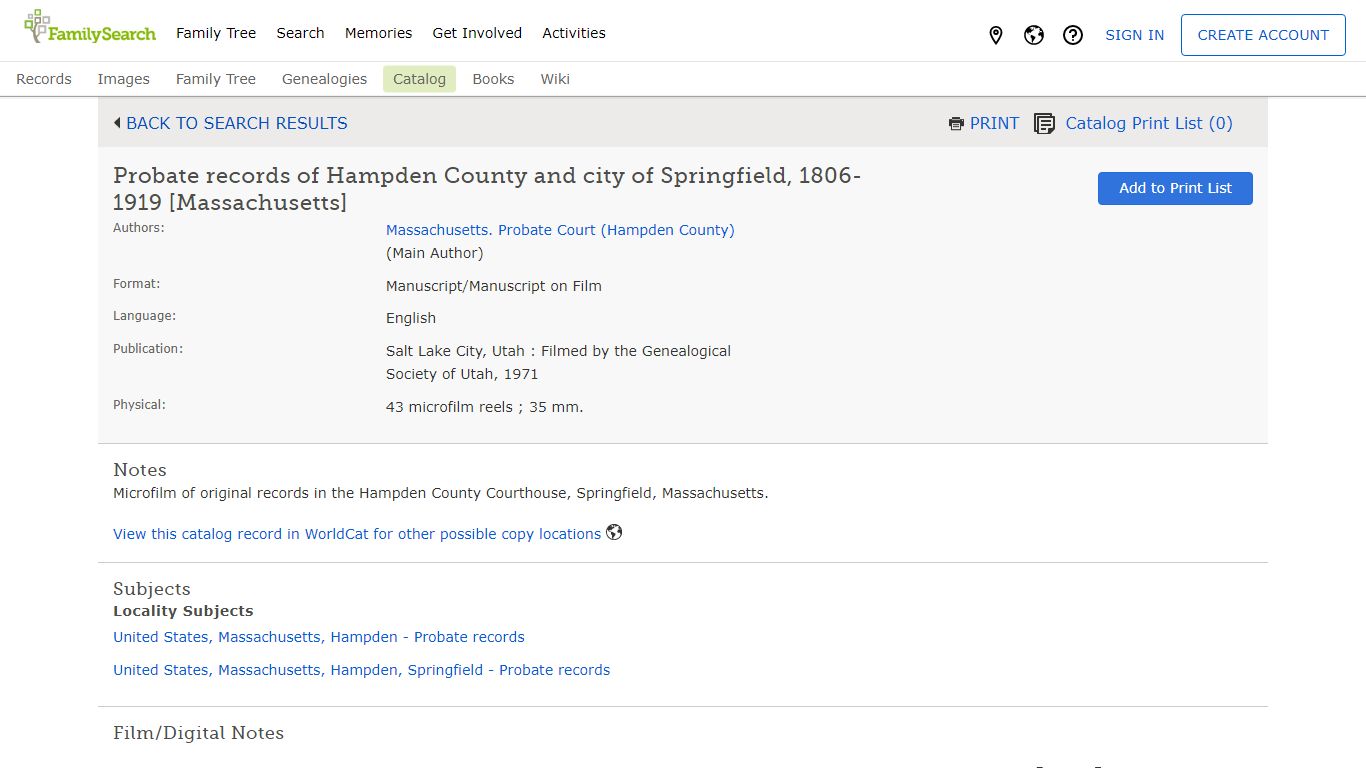 FamilySearch Catalog: Probate records of Hampden County and city of ...